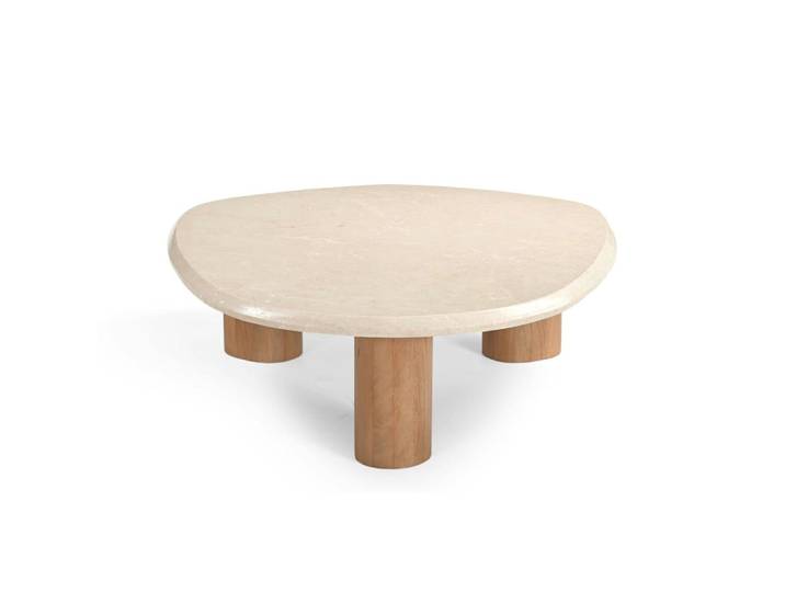 Table basse travertin et bois design organique 100 cm