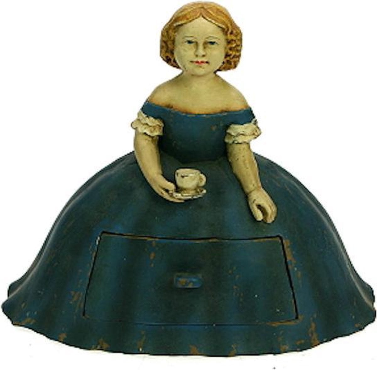 Victoriaans meisje met theekopje decoratief figuur met ladekastje