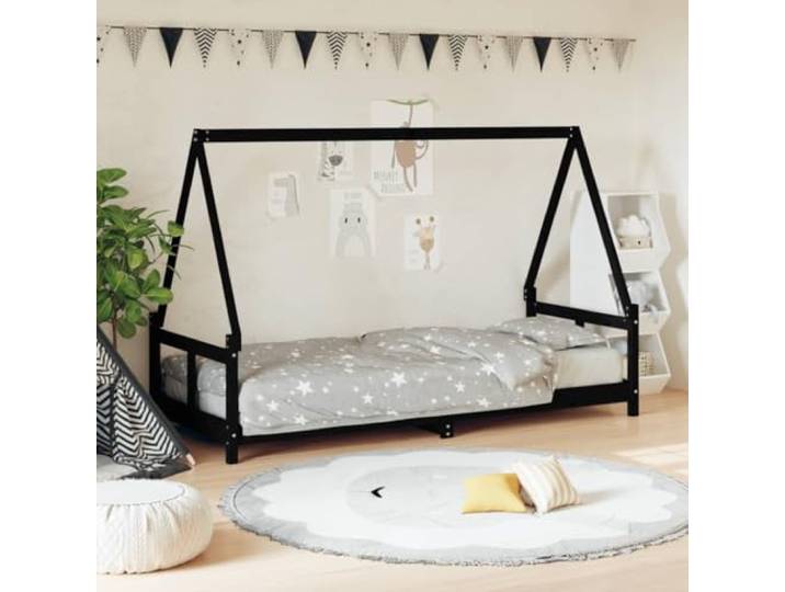 WXGTBKPR Kinderbett 80x200 cm Massivholz Kiefer Hausbett Schwarz Rustikaler Look, Einfacher Ein- und Ausstieg, Stabile Holzlatten
