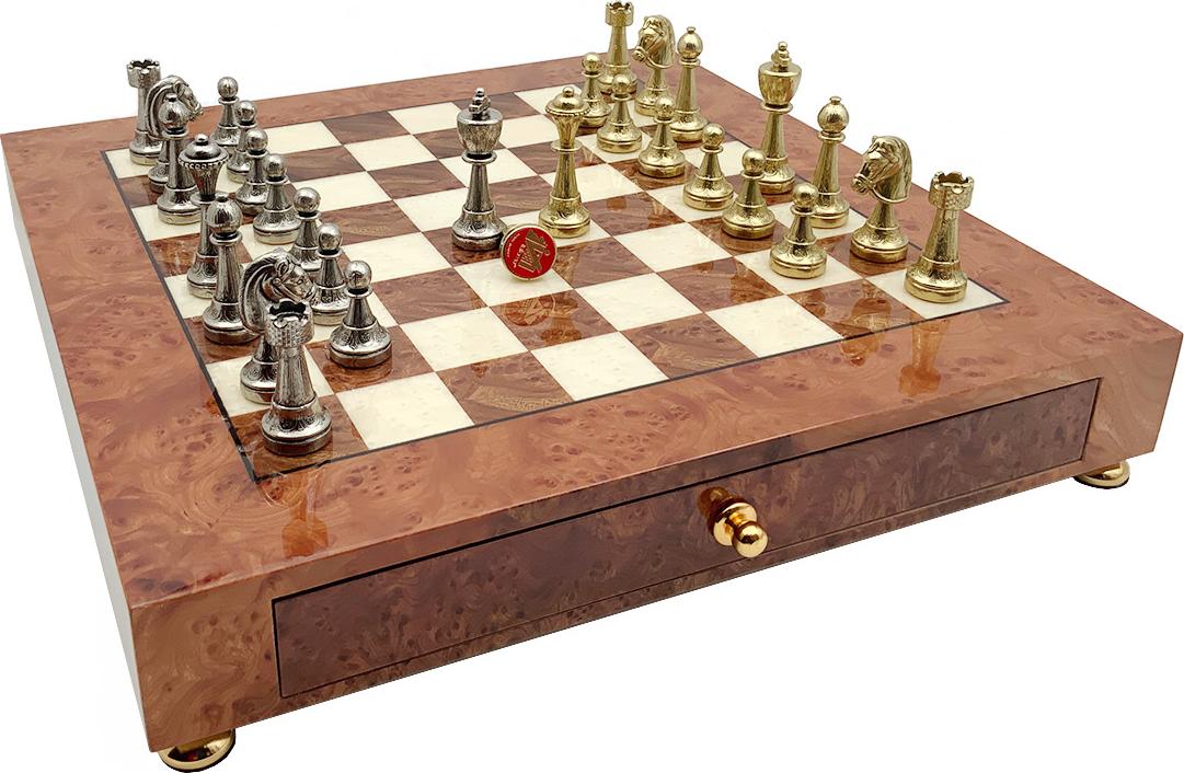 s Staunton Schachset aus Messing auf Holzbrett 42×42 cm