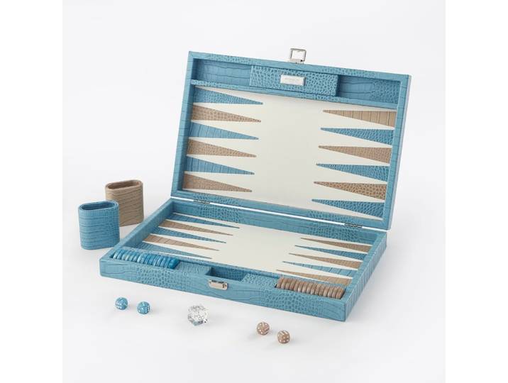 Backgammon - large en cuir bleu riviera