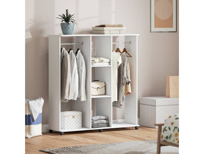 HOMCOM Armoire Mobile Bois Blanc 120x40x128cm 6 Roulettes