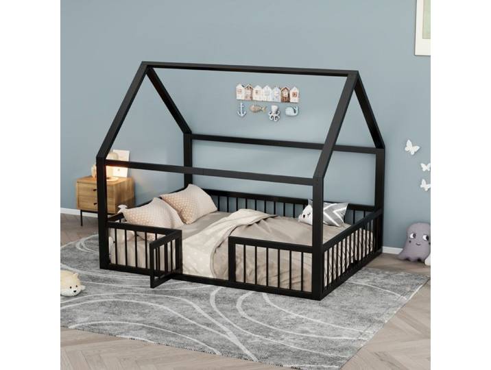 Lit plat en métal lit enfant 140 x 200 cm cadre de lit en métal lit en fer sans matelas finitions barrière noir