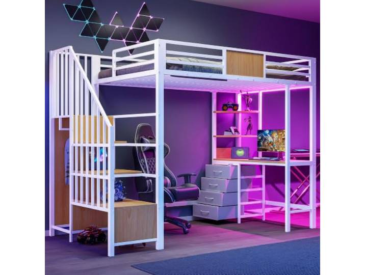 BXEYXE Hochbett 90 * 200 aus Metall mit Schreibtisch, Ablagefächern, Kleiderstange, LED-Beleuchtung und Steckdose Multifunktionale Etagenbett ist ideal für Büros, Arbeitszimmer und kleine Zimmer.