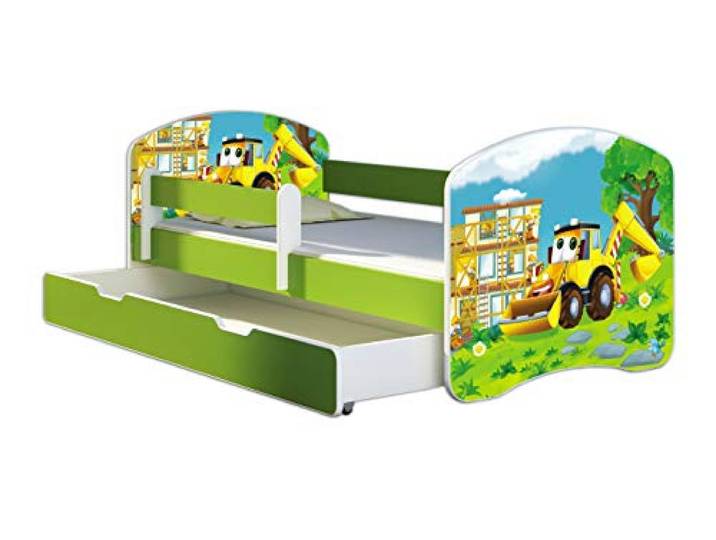 ACMA Kinderbett 160x80 Jugendbett mit Einer Schublade und Matratze, Farbe Grün, Rausfallschutz Lattenrost II Spielbett Kinderzimmer Möbel, 20 Bagger