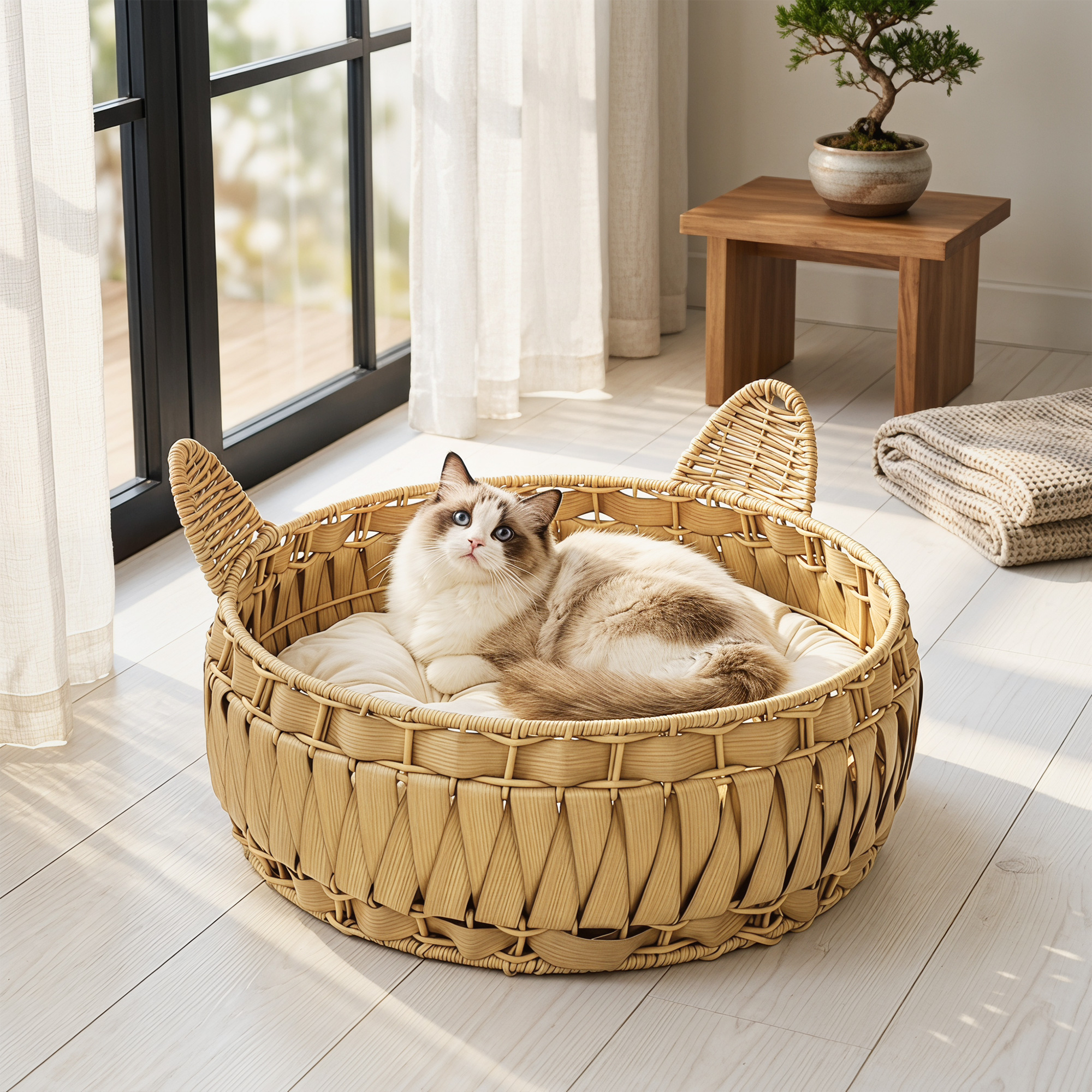 Pawhut Letto per Gatti in Rattan con Cuscino Rimovibile, Cuccia per Gatti fino a 10kg, 50x50x25 cm, Marrone Chiaro   Aosom Italy