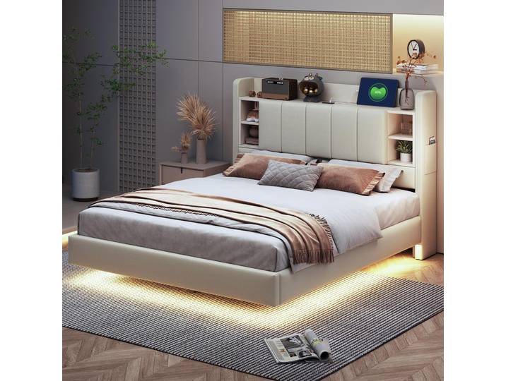 Lit rembourré MODFU 140x200\, lit pour adolescents avec éclairage LED\, lit double avec tête de lit offrant du rangement et design flottant\, structure en métal\, sans matelas\, couleur beige