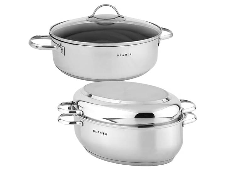 KLAMER Bräter mit 2 Deckeln + Servierpfanne 28 cm Set, Schmorpfanne mit Deckel 28cm Induktion, Edelstahl Schmortopf backofengeeignet, Schmorpfanne hoher Rand, Premium Beschichtung