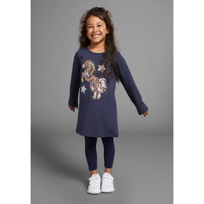 Langarmshirt KIDSWORLD "PFERD", Mädchen, Gr. 92/98, blau (navy), Jersey, Obermaterial: 100% Baumwolle, bedruckt, ausgestellt Po-bedeckend, Rundhals, abgesteppte Kante, Shirts Langarmshirt, Langarm, ausgestellter Schnitt, bedruckt, Rundhalsausschnitt