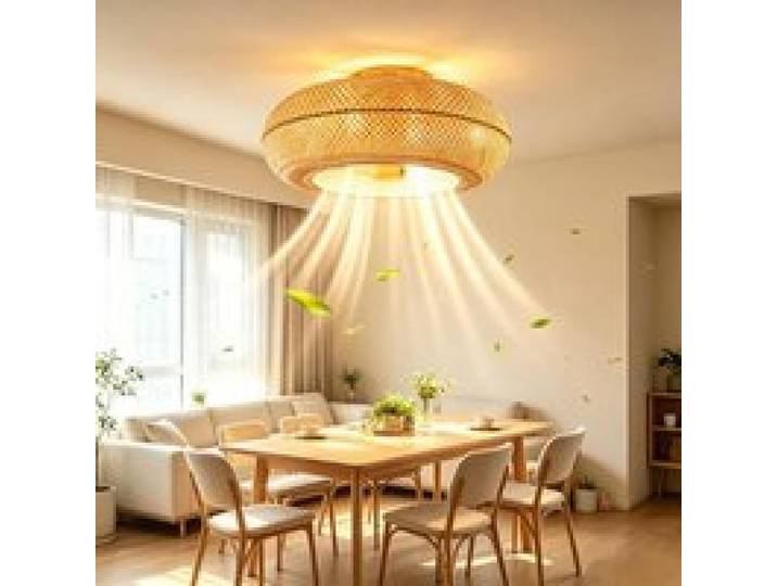 Ventilateur de plafond 6 Vitesses 50cm Télécommande Minuteur Silencieux Rotin Naturel Tissé Lampe Plafond Intensité variable