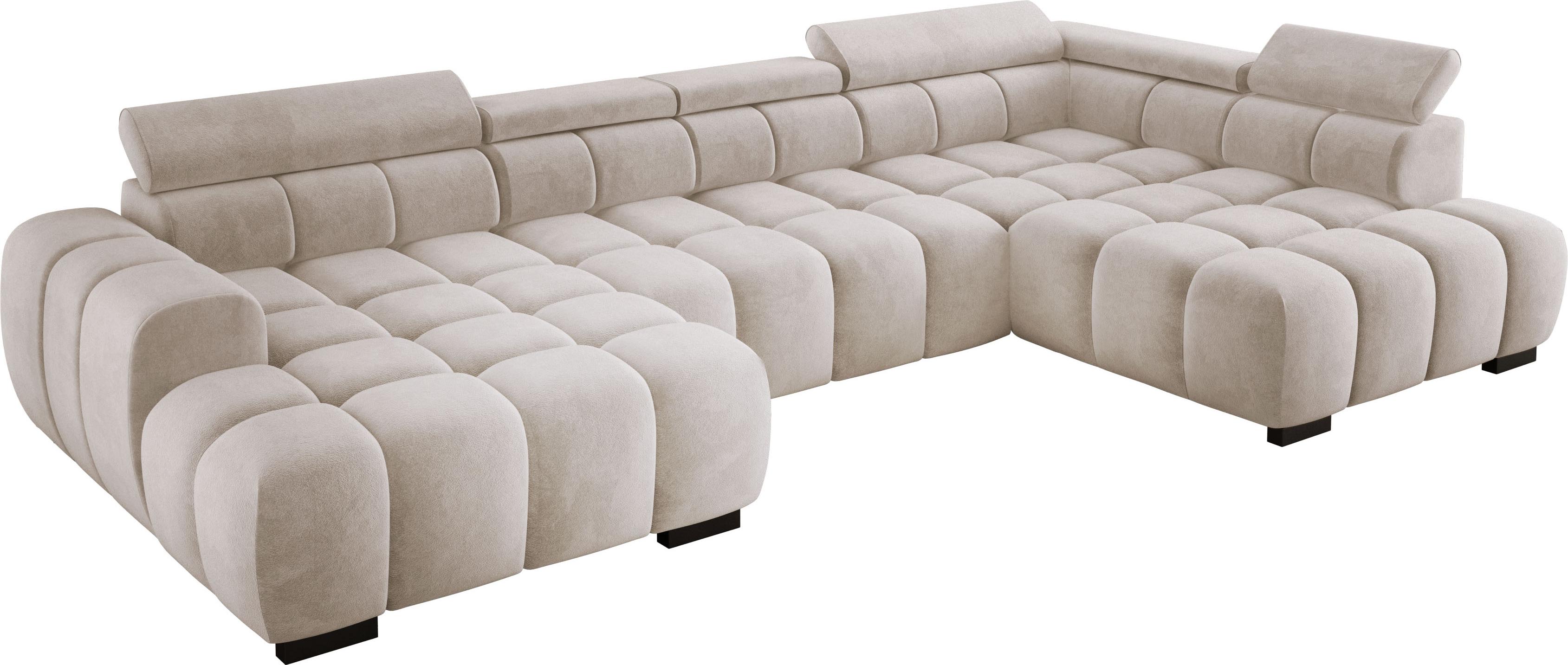 OMBO-U XL Modern Großes U-Förmiges Ecksofa Stoff SALVADOR Beige Rechte Seite 393×205×97 cm Verstellbare Kopfstützen, Schlaf-Optional, Minimalistisches Kubistisches Design