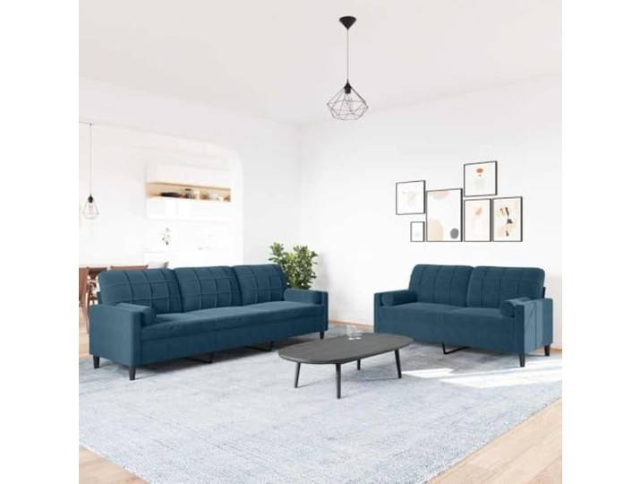 KTHLBRH Set aus 2 Sofas aus blauem Samt mit 4 Kissen Gestell aus Metall, Polsterung aus Schaumstoff, modernes Design, 2- und 3-Sitzer