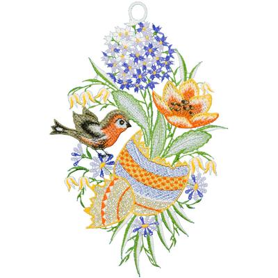 Fensterbild "Osterei und Vogel" Gr. 1, bunt (blau, bunt, gelb), B:22cm H:34cm, Polyester, W. REUTER & SOHN - PLAUENER SPITZE, Fensterbilder, Made in Germany