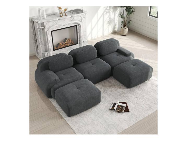 LuxusKollektion Wohnlandschaft Sofa Modulares 3Sitzer Cordstoff Ottomane Grau 3 Sitze 2 Ottomane