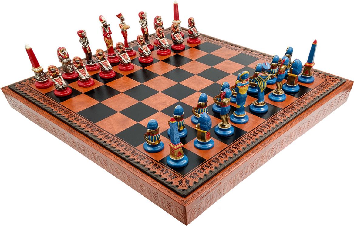Italfama Exklusives Schachspiel inspiriert von Ägypten - Handbemalte Metallfiguren auf Holz- und Ökolederbrett 48x48 cm