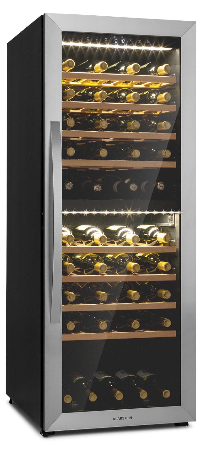 Klarstein Weinkühlschrank, Getränkekühlschrank Schmal, Kühlschrank mit Glastür, Getränkekühlschränke Freistehend, Weinkühlschrank Klein, Weinkühlschränke 2 Zonen, UV-Schutz, 5-20 °C, 77 Flaschen