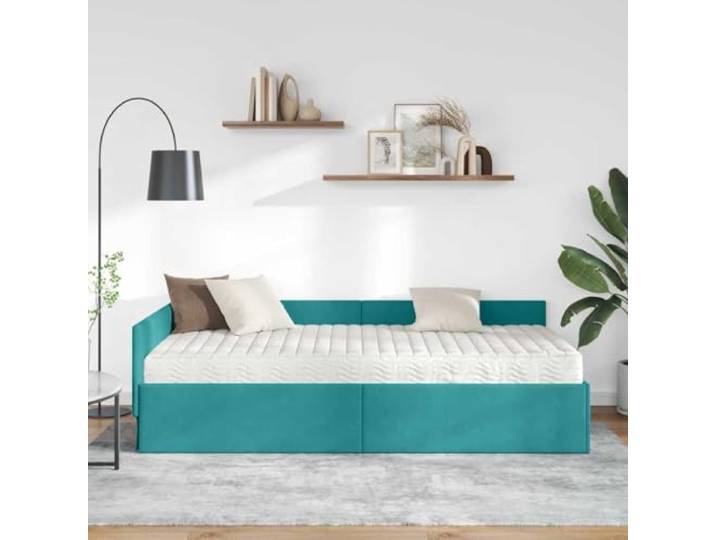 KTHLBRH Eck-Bettgestell aus Samt mit Matratze, Farbe: Türkis, 2-teilig Verstellbares Kopfteil, Gestell aus Sperrholz, atmungsaktiv, pflegeleicht, Einzelbett 100 x 200 cm