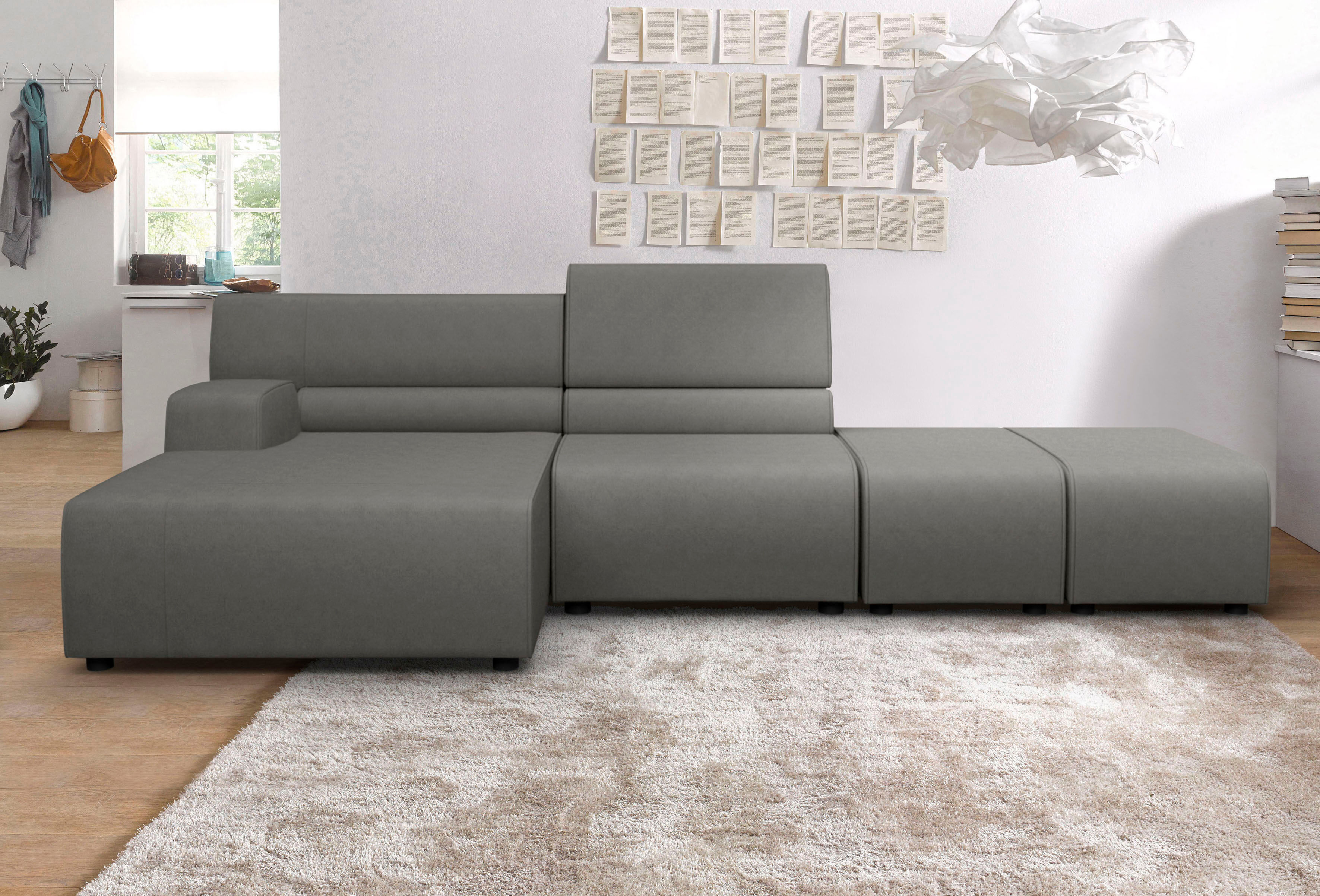 Ecksofa EGOITALIANO "Babouche, Designsofa mit aussergewöhnlichem Sitzkomfort zum Wohlfühlen", grau (steingrau), B:384cm H:80cm T:98cm, Luxus-Micofaser Lederoptik (100% Polyester) ist ein neues technisches Gewebe mit einem visuellen und taktilen Aspekt, de