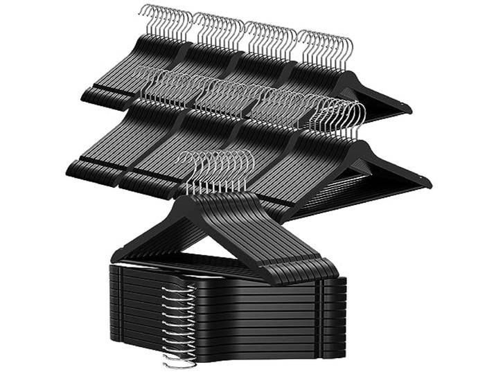 OGIVO Kleiderbügel Holz 100er Set Schwarz mit Hosensteg für Anzüge, Kleider Holzbügel mit Schulterkerben und 360° drehbarem verchromtem Metallhaken – für Hemden, Blusen, Hosen, Trägertops und Jacken