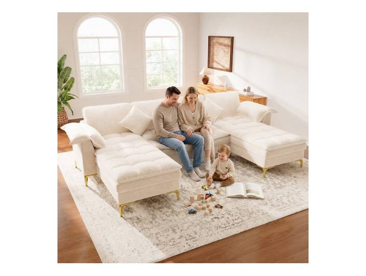 i@home Ecksofa U‑förmiges Sofa mit 2 Chaiselongues, 4‑Sitzer Moduldesign, doppellagigen Schaumkissen, Chenille, geeignet für Wohnzimmer, Beige