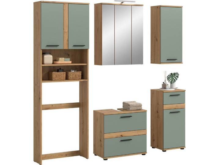welltime Badmöbel-Set LUCCA, 5-tlg. Badkombination, viel Stauraum, modernes Design, (5-St., WaMa-Schrank, WBU, Spiegelschrank inkl. Bel., Kommode, Hängeschrank), Bad-Kombination, Bad-Möbel, Badezimmer, Kombination, Kombi