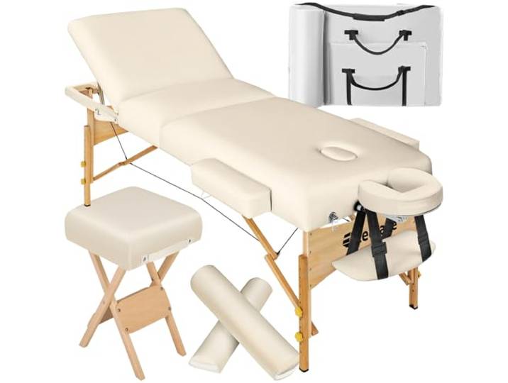 tectake® Massageliege klappbar, höhenverstellbar, Möbel und Zubehör für Massage, Tattoo oder Kosmetik, extra dick gepolstert, Zubehör 2 Lagerungsrollen, Hocker, Tasche, Aluminium Kopfstütze - beige