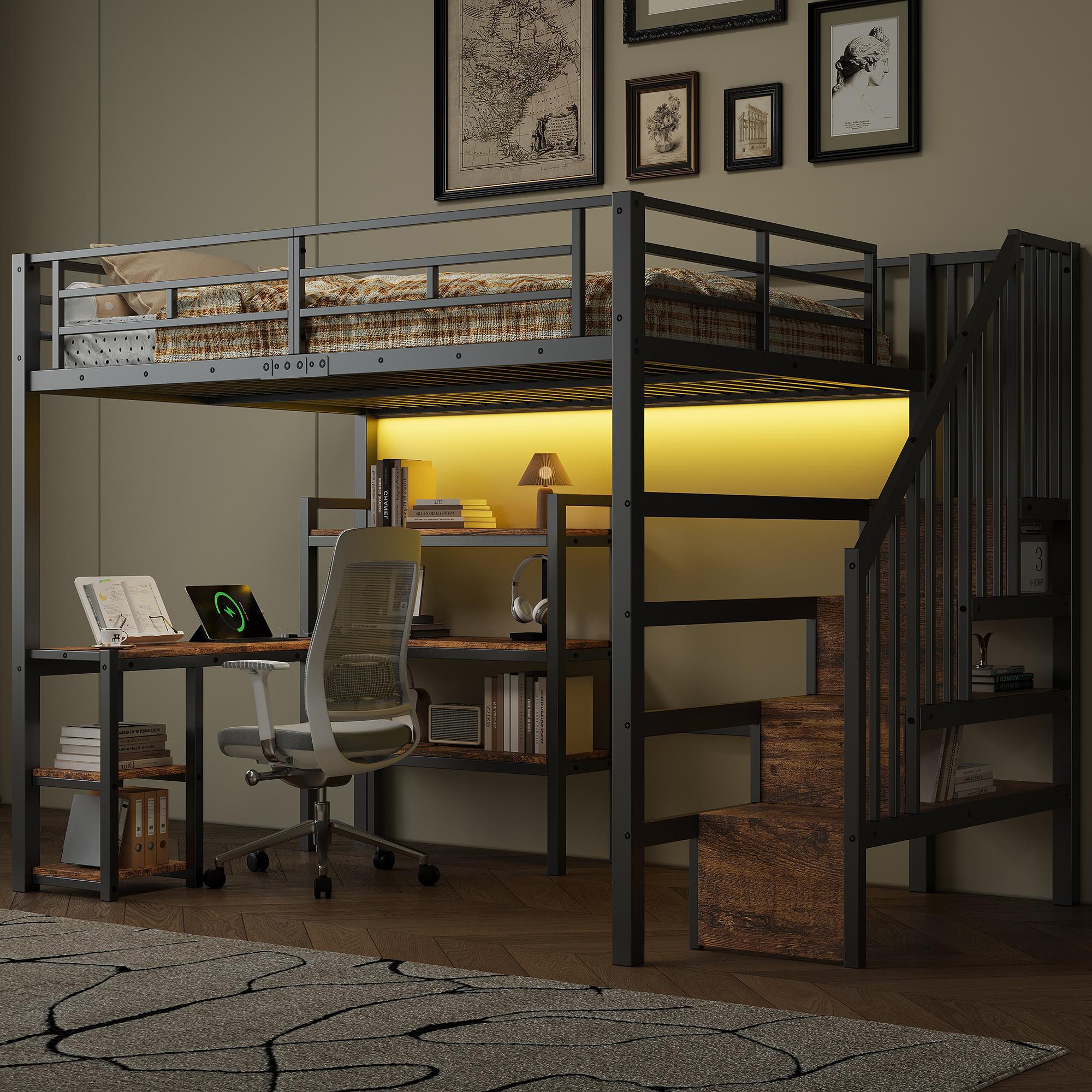 140x200 Metall-Hochbett mit Treppe, integriertem Schreibtisch, Staufächern, USB-Ladestation und LED-Licht, Schwarz