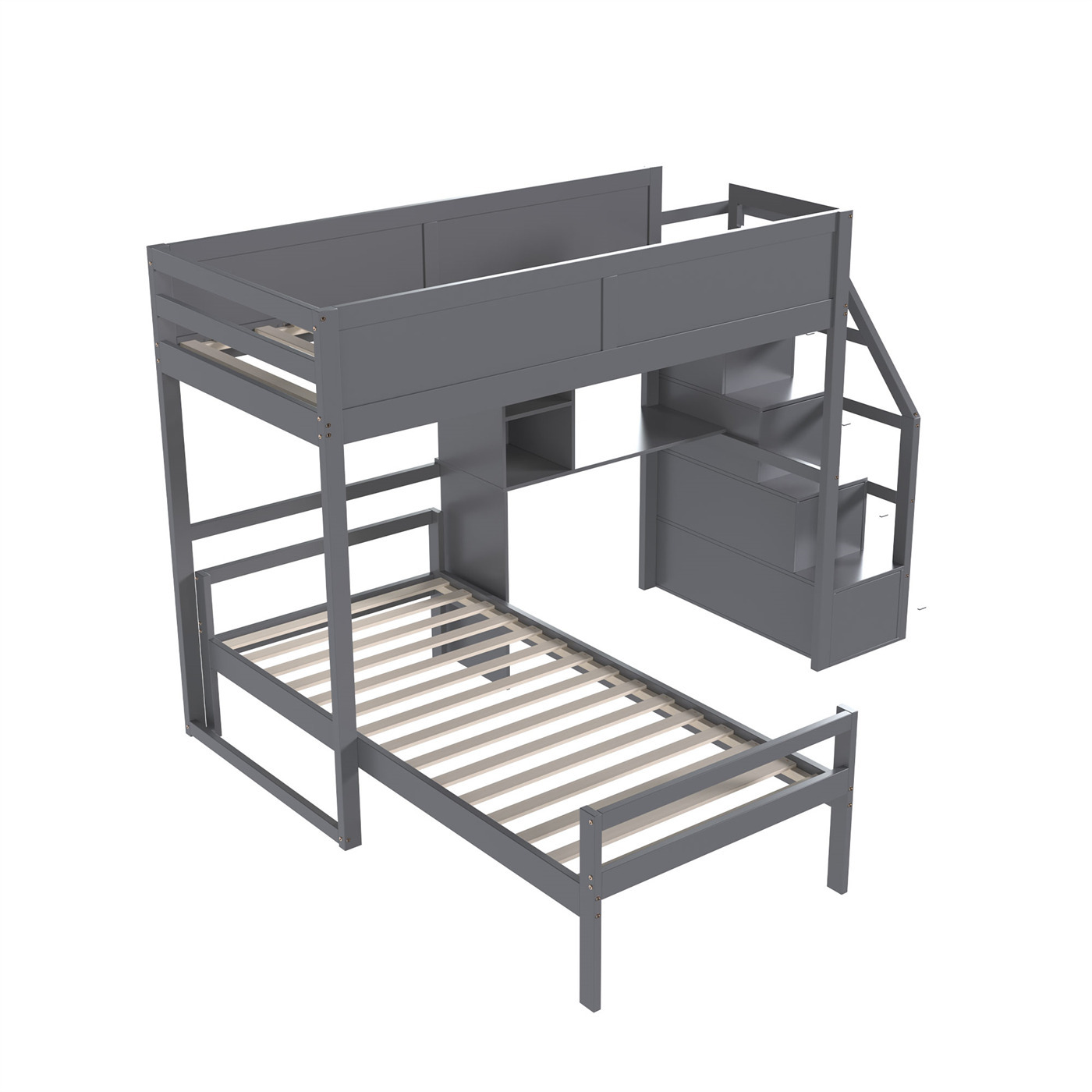 Etagenbett(Grau)Kiefernbett,kinderbett,Jugendbett,Sicherheitstreppe mit verstecktem Staufach, Schreibtisch-Staufach, Zwei-in-Eins-Hochzaun-Design