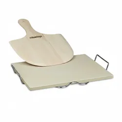 Relaxdays Pizzastein Set, 1,5 cm Stärke, mit Metallhalter & Holz-Pizzaschieber, HxBxT:7x43x31,5cm, Brotbackstein, natur