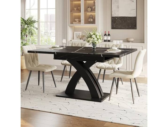 FammyLoft Esstisch Ausziehbar(120 * 80 * 76 cm) mit Verstärkte Stützplatte, Bietet Platz für bis zu 6 Persone, Schwarz Lackiert, Esszimmertische für Küche und Wohnzimmer, Schwarz(Keine Stühle)