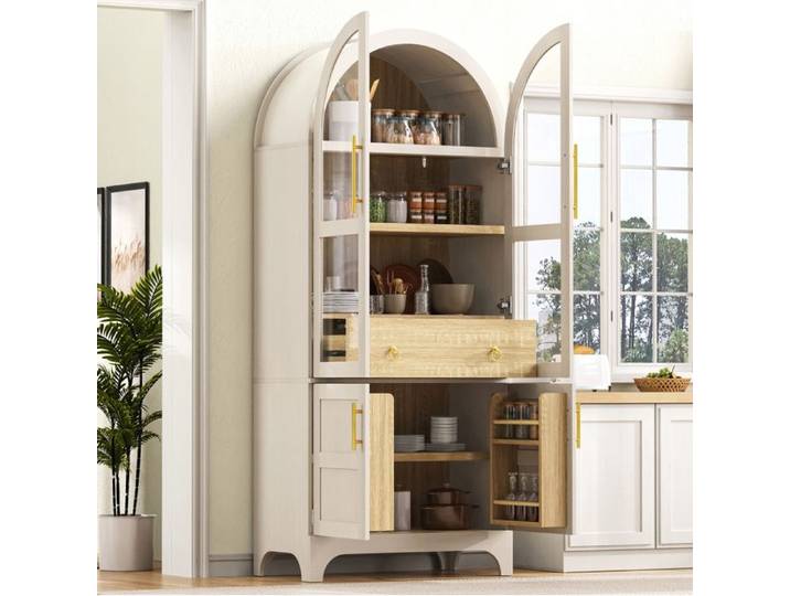 Buffet De Cuisine Blanc Avec Verre Strié Highboard Moderne FloraGrace Pour Cuisine Et Salon Montage Facile 76x40x180cm