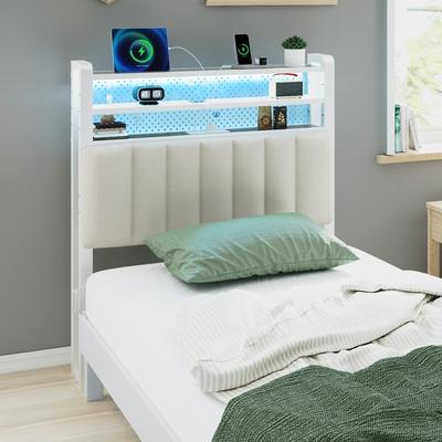 Adjustable Upholstered Headboard with 3 Tier Shelves with Charging Stations and LED Lights, Modern Bed Headboard with Storage