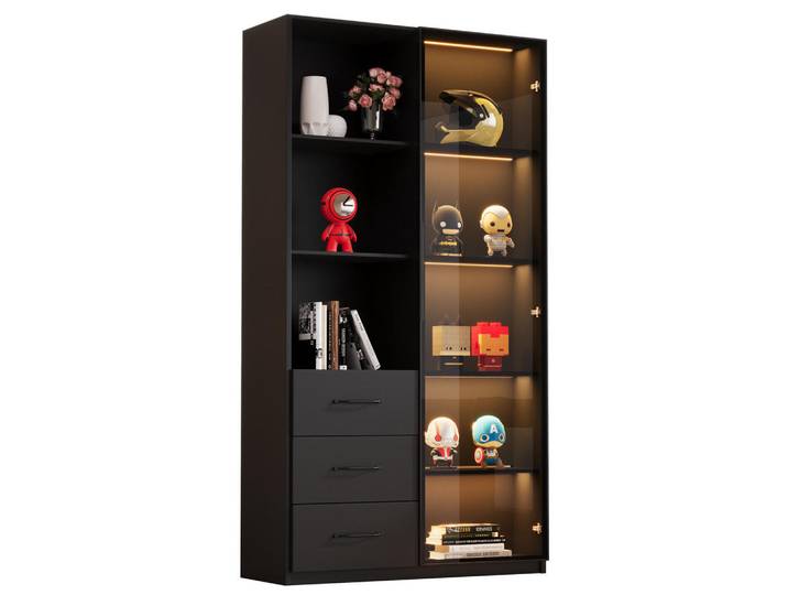 Flieks Vitrine 80cm Glas LED 3 Schubladen 3 Fächer modern, Schwarz, 80x160x40 cm, Esszimmer, Vitrinen, Vitrinenschränke