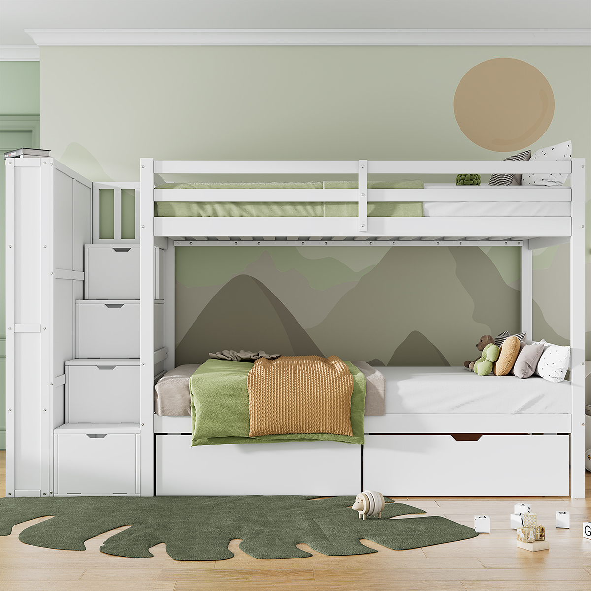 Hausbett mit Lagerregal Aufbewahrungstreppen und Schubladen Etagenbett Kinderbett Pine+MDF Ohne Matratze 90*200cm Weiß