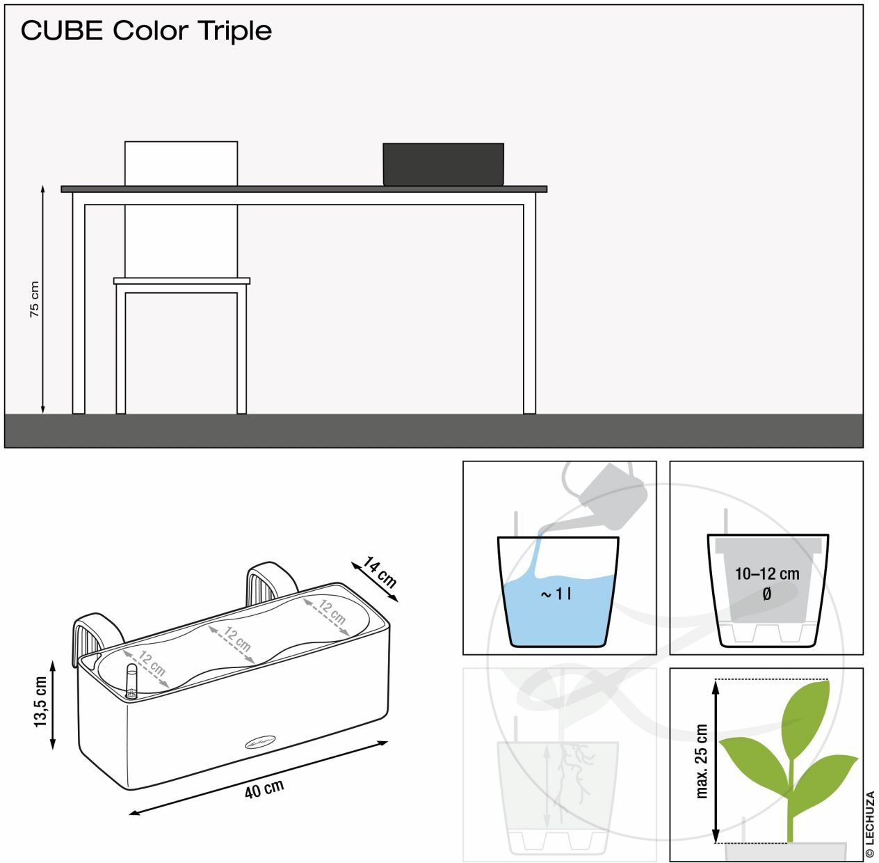 Lechuza Übertopf Cube Color Triple 14 x 40 x 13,5 cm weiß