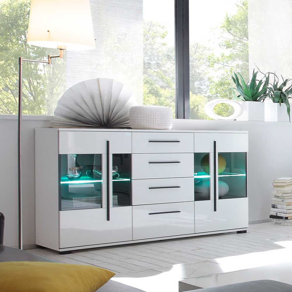 Pharao24.de Wohnzimmer Sideboard in Weiß Hochglanz Glastüren