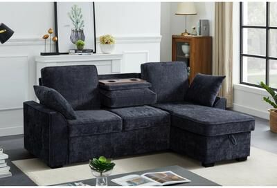 Modern Chenille Sectional Sofa with Storage Chaise and Cupholder Tray by GDFStudio