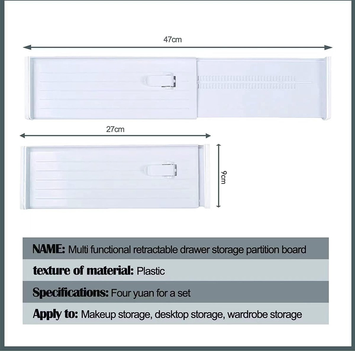 Verstelbare ladeverdeler set van 2, wit, 27-47 cm, lade-organizer voor keuken, badkamer of slaapkamer