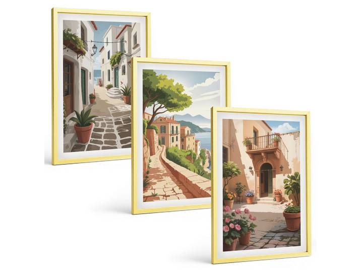 BILDER SET 3er Set - 40x60 cm Goldrahmen - Straßen, Häuser, Pflanzen, Töpfe
