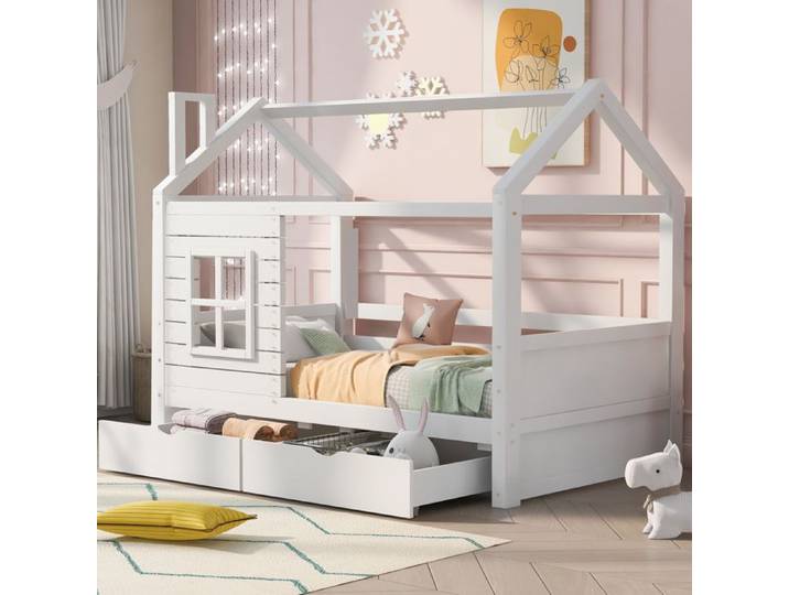 Lit maison enfant - ZEVKOR - Lit maison enfant 90×200 cm - Pin massif blanc - 2 tiroirs - Sommier à lattes