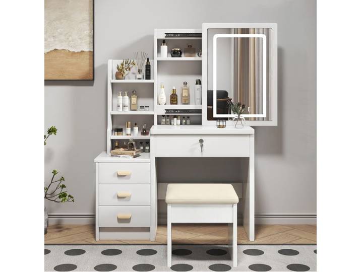 Coiffeuse miroir lumineux 3 modes 4 tiroirs tabouret inclus rangement chambre MDF blanc 85x36x130 cm ORVRYN