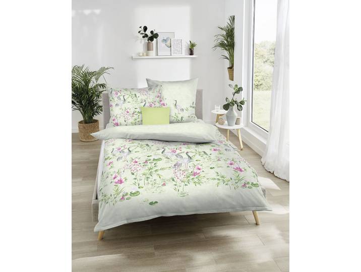 Bettwäsche KAEPPEL Pagode , grün (lind), B/L: 135cm x 200cm, 1 Stk., 1 Stk., Mako-Satin, B/L: 80cm x 80cm, 2 Stk., Mako-Satin, Obermaterial: 100% Baumwolle, Bettwäsche, Bettwäsche, Mit Blumen