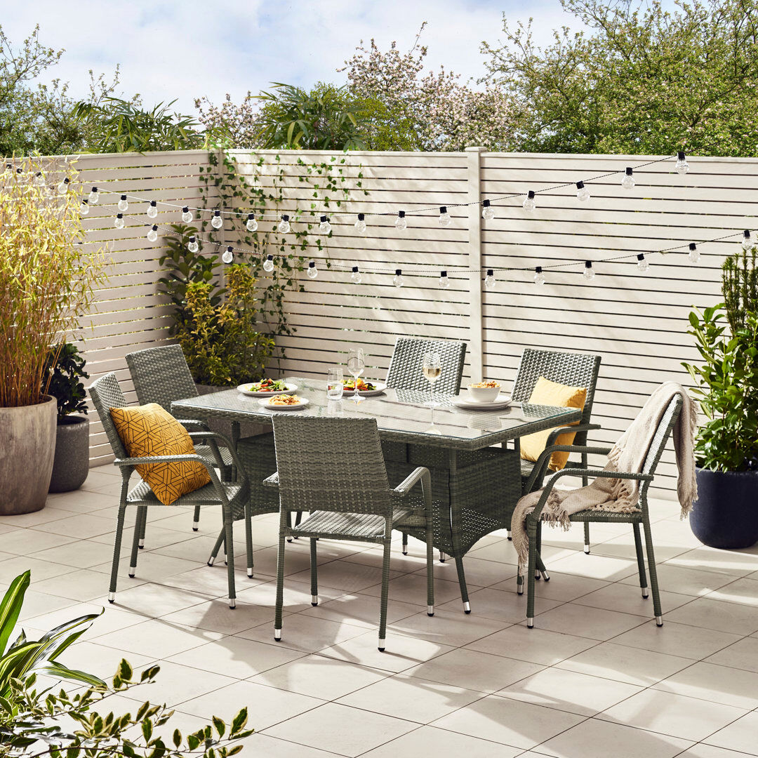 ClassicLiving Karren 6 Seater Garden Dining Set - PE Rattan & Tempered Glass Outdoor Set - Modern Gardens & Patios Gray 6