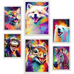 POSTER Set Mit 6 Säugetiere Im Hochformat Lebhafte Aquarell Stil Illustrationen Von Lächelnde Tiere Innenarchitektur A3 & A4 Weißer Rahmen
