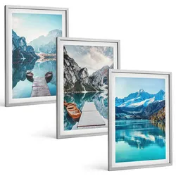 BILDER SET 3er Set - 40x60 cm Silberner Rahmen - Spiegelung der Boote auf Bergseen