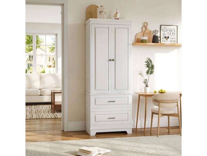 Armoire de rangement blanche 2 portes avec 2 tiroirs et étagères réglables meuble de rangement multifonction pour salon cuisine