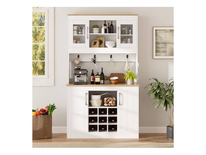 Simurq Highboard Küchenbuffet Sideboard Weiß mit Glastüren (Holzoptik Design mit viel Platz für Geschirr und Dekoration), Moderner Buffetschrank mit Vitrine für Küche und Esszimmer