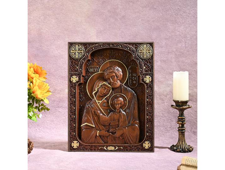 Sculpture sur bois religieuse catholique de la Sainte Famille, icône byzantine, plaque suspendue de décoration de maison de Jésus, décoration de Noël chrétienne