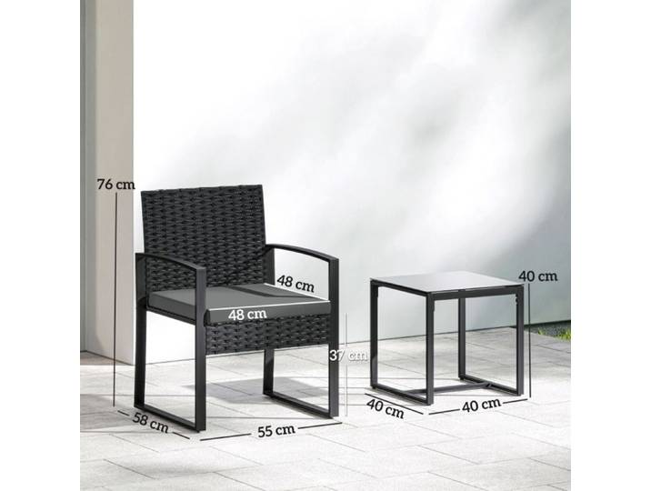 Ensemble repas table de jardin 2 personnes en acier et rotin synthétique gris foncé