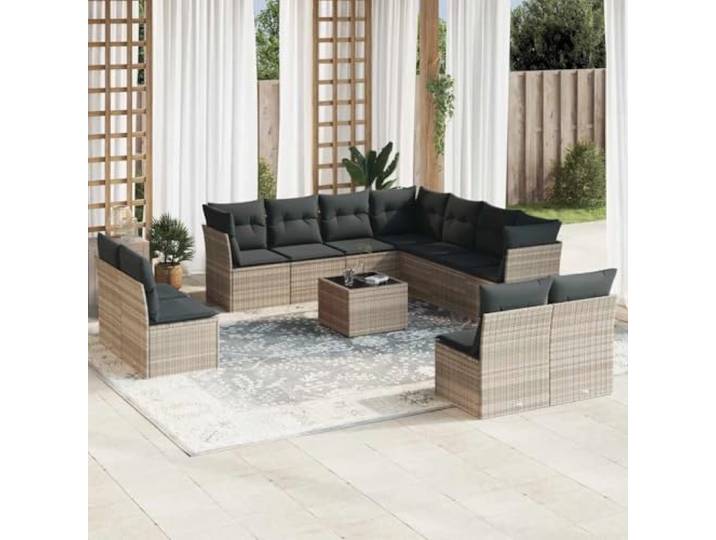 Résine tressée lavable pour terrasse et patio Gris clair 12 pièces Salon de jardin modulaire avec coussins 12 pcs gris clair résine tressée pour terrasse patio, ensemble canapé extérieur avec